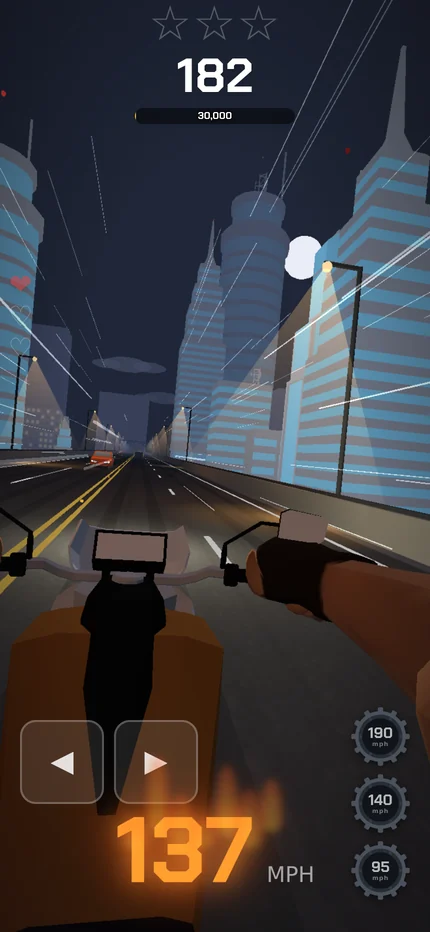 First person view on the bike at 137 mph, speedometer on fire, night city streaking past